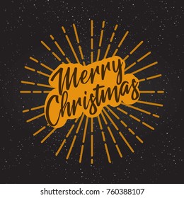 Golden text on black background. Merry Christmas and Happy New Year lettering for invitation and greeting card, prints and posters. Hand drawn inscription, calligraphic design. Vector illustration
