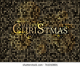 Golden text on black background. Merry Christmas and Happy New Year lettering for invitation and greeting card, prints and posters. Hand drawn inscription, calligraphic design. Vector illustration