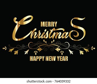 Golden text on black background. Merry Christmas and Happy New Year lettering for invitation and greeting card, prints and posters. vector illustration