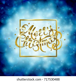 Golden text on blue background. Merry Christmas and Happy New Year lettering for invitation and greeting card, prints and posters. Hand drawn inscription, calligraphic design. Vector illustration