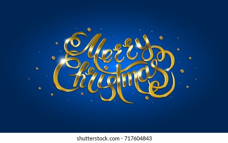 Golden text on blue background. Merry Christmas and Happy New Year lettering for invitation and greeting card, prints and posters. Hand drawn inscription, calligraphic design. Vector illustration