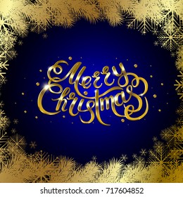 Golden text on blue background. Merry Christmas and Happy New Year lettering for invitation and greeting card, prints and posters. Hand drawn inscription, calligraphic design. Vector illustration