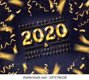 Golden text on dark background. Happy New Year 2020 lettering for invitation and greeting card, prints and posters Hand drawn inscription, calligraphic design. Vector illustration eps 10 art