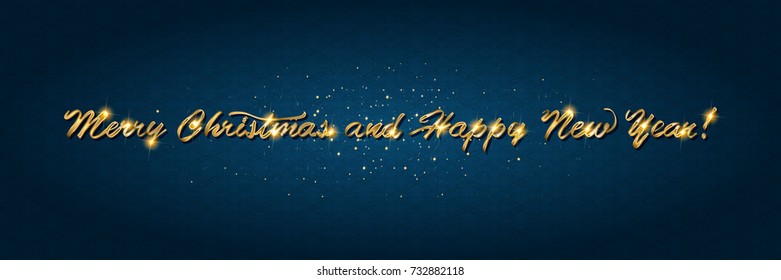 Golden text on dark background. Merry Christmas and Happy New Year lettering for invitation and greeting card, prints and posters. Hand drawn inscription, calligraphic design. Vector illustration