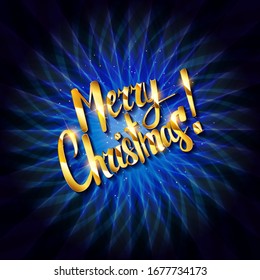 Golden text on dark blue background. Merry Christmas and Happy New Year lettering for invitation and greeting card, prints and posters. Hand drawn inscription, calligraphic design. Vector illustration