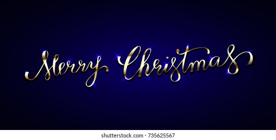 Golden text on dark blue background. Merry Christmas lettering for invitation and greeting card, prints and posters. Hand drawn inscription, calligraphic design. Vector illustration