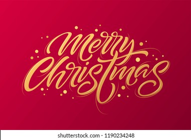 Golden text on dark red background. Merry Christmas lettering for invitation and greeting card, prints and posters. Hand drawn inscription, calligraphic design. Vector illustration EPS10