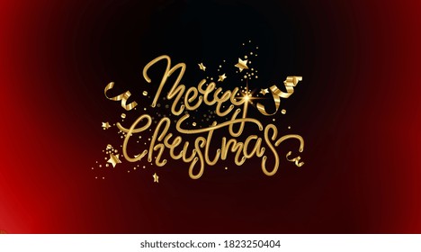 Golden text on dark red background. Merry Christmas and Happy New Year lettering for invitation and greeting card, prints and posters. Hand drawn inscription, calligraphic design. Vector illustration