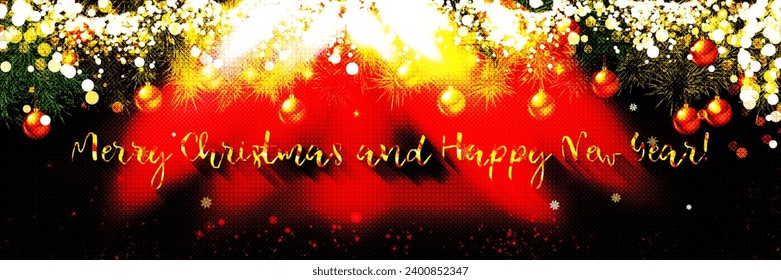 Golden text on dark red background. Merry Christmas and Happy New Year lettering for invitation and greeting card, prints and posters. Hand drawn inscription, calligraphic design. Vector illustration