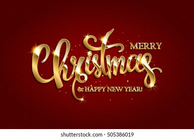 Golden text on dark red background. Merry Christmas and Happy New Year lettering for invitation and greeting card, prints and posters. Hand drawn inscription, calligraphic design. Vector illustration