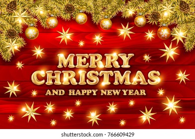 Golden text on dark red background. Merry Christmas and Happy New Year lettering for invitation and greeting card, prints and posters. Hand drawn inscription, calligraphic design. Vector illustration