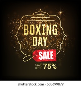Golden text on glowing background. Boxing Day Sale lettering for invitation and greeting card, prints and posters. Hand drawn inscription, calligraphic design. Vector illustration