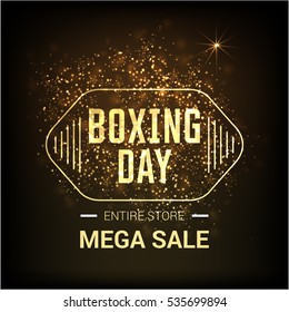 Golden text on glowing background. Boxing Day Sale lettering for invitation and greeting card, prints and posters. Hand drawn inscription, calligraphic design. Vector illustration