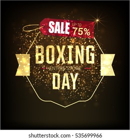 Golden text on glowing background. Boxing Day Sale lettering for invitation and greeting card, prints and posters. Hand drawn inscription, calligraphic design. Vector illustration
