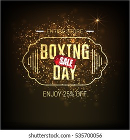 Golden text on glowing background. Boxing Day Sale lettering for invitation and greeting card, prints and posters. Hand drawn inscription, calligraphic design. Vector illustration