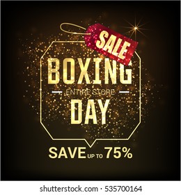 Golden text on glowing background. Boxing Day Sale lettering for invitation and greeting card, prints and posters. Hand drawn inscription, calligraphic design. Vector illustration