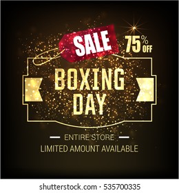 Golden text on glowing background. Boxing Day Sale lettering for invitation and greeting card, prints and posters. Hand drawn inscription, calligraphic design. Vector illustration