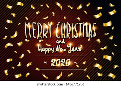 Golden text on red background Merry Christmas and Happy New Year 2020 lettering for invitation and greeting card, prints and posters Hand drawn inscription, calligraphic design Vector illustration art