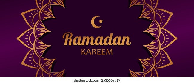 Golden text Ramadan Kareem on purple background with abstract floral frame. Elegant festive design for greeting card, banner or poster for Ramadan.