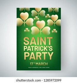 Golden text Saint Patrick's Day with glossy clover leaves decorated on green background. Party template or invitation card design.