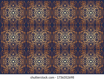 Patrón textil dorado, baldosas sin costura, recubrimiento de elementos florales repetidos, líneas estilizadas doradas sobre fondo azul, tela real, fondo ornamental