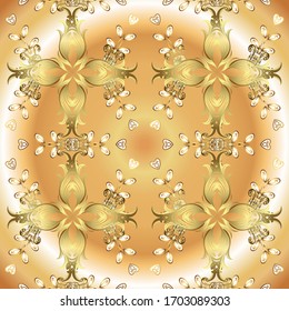 Golden texture curls. Openwork delicate golden pattern. Vector. Oriental style arabesques. Brilliant lace, stylized flowers, paisley. Pattern on beige and neutral colors with golden elements.