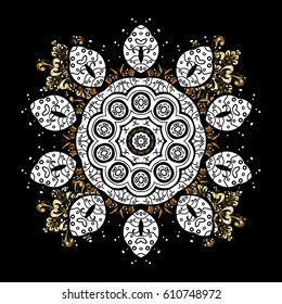 Golden texture curls. Openwork delicate golden pattern. Vector oriental style arabesques. Brilliant lace, stylized flowers, paisley. on black background with golden elements.