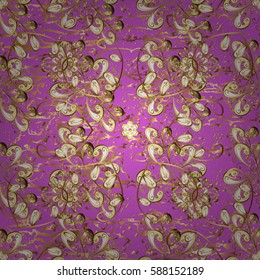 Golden texture curls. Oriental style arabesques. Openwork delicate golden pattern. Pattern on pink background with golden elements. Brilliant lace, stylized flowers, paisley. Vector.