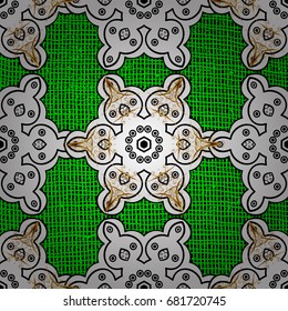 Golden texture curls. Oriental style arabesques. Brilliant lace, stylized flowers, paisley. Pattern on green background with golden elements. Vector. Openwork delicate golden pattern.