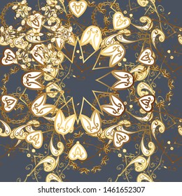 Golden texture curls. Vector. Brilliant lace, stylized flowers, paisley. Openwork delicate golden pattern. Pattern on colors with golden elements. Oriental style arabesques.