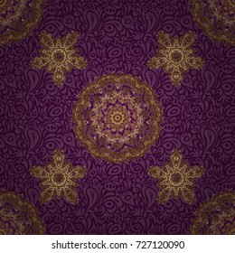 Golden texture. Geometric ornament with golden elements. Seamless geometric pattern. Vector seamless pattern with gold gradient on purple background. Abstract geometric sketch.