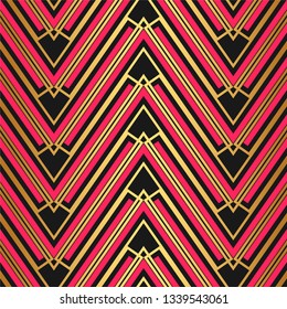 Golden texture. Geometric thin lines pattern. Golden oriental zigzag background. Vector wallpaper. Geometric background with zig zag straight lines. Abstract geometric pink and shiny metallic