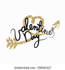 Golden texture heart. Valentines Day hand drawn lettering. Design card. Greeting card. Vector illustration