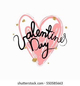 Golden texture heart. Valentines Day hand drawn lettering. Design card. Greeting card. Vector illustration