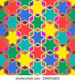 Golden texture. Multicolor geometric gold thin lines and mosaic elements pattern. Golden oriental background. Vector wallpaper.  Abstract geometric Arabic/ Islam/ Muslim pattern.