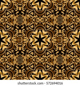 Golden texture on a black background. Vector seamless pattern with gold ornament.
