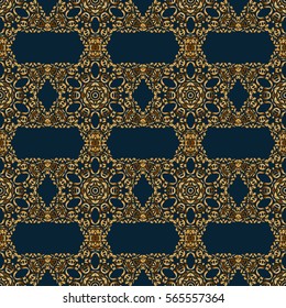Golden texture on a blue background. Vector seamless pattern with gold ornament.