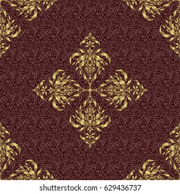 Golden texture on a brown background. Vector seamless pattern with gold ornament.