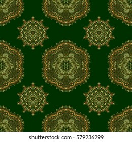 Golden texture on a green background. Vector seamless pattern with gold ornament.