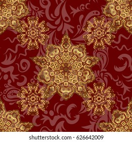 Golden texture on a red background. Vector seamless pattern with gold ornament.