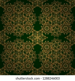 Golden texture. Seamless geometric pattern. Abstract geometric sketch. Vector seamless pattern with gold gradient on green background. Geometric ornament with golden elements.