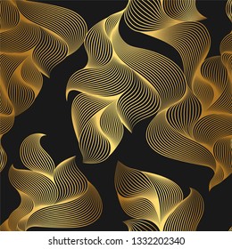Golden texture. Seamless geometric thin lines pattern. Golden 3d wavy lines background. Vector seamless pattern. Abstract stylish trendy geometric pattern.