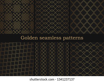 Golden texture. Set of geometric thin lines patterns. Collection of golden oriental squares backgrounds. Vector wallpaper. Abstract geometric Arabic/ Islam/ Muslim pattern.