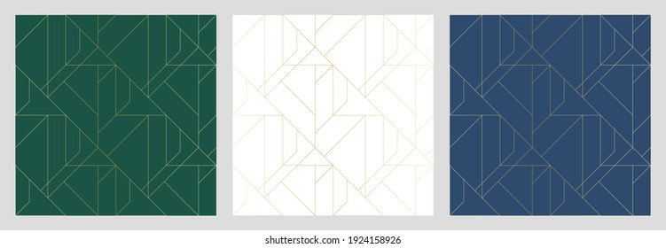 Golden texture. Set of seamless geometric patterns. Golden background. Collection of vector seamless pattern. Geometric background with rhombus and nodes. Abstract geometric pattern.