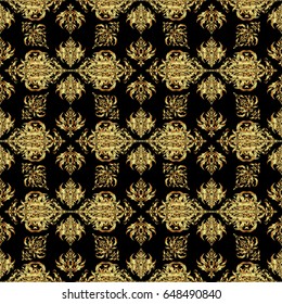 Golden texture. Vector seamless pattern with gold gradient on black background. Abstract geometric sketch. Geometric ornament with golden elements. Seamless geometric pattern.