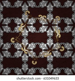 Golden textured curls. Brown background with golden elements. Oriental style arabesques. Vector golden pattern.