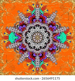 Rizos dorados con textura. Patrón de colores en colores naranja y negro con Elementos dorados. Patrón de oro de Vector. Arabescos de estilo oriental.