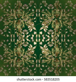 Golden textured curls. Colored pattern on green background with golden elements. Oriental style arabesques. Vector golden pattern.