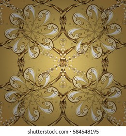Golden textured curls. Colored pattern on yellow background with golden elements. Oriental style arabesques. Vector golden pattern.