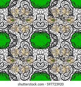 Golden textured curls. Colored pattern on green background with golden elements. Oriental style arabesques. Vector golden pattern.